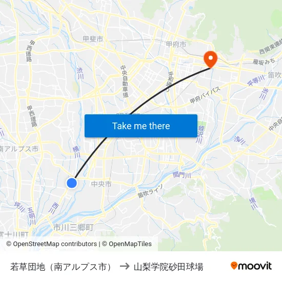 若草団地（南アルプス市） to 山梨学院砂田球場 map