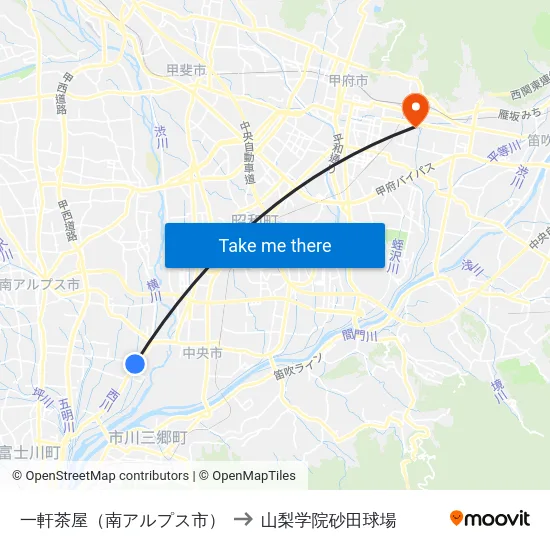 一軒茶屋（南アルプス市） to 山梨学院砂田球場 map