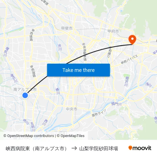 峡西病院東（南アルプス市） to 山梨学院砂田球場 map