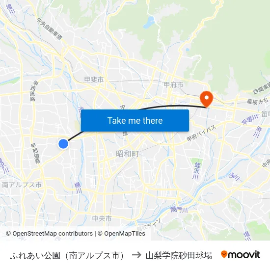 ふれあい公園（南アルプス市） to 山梨学院砂田球場 map
