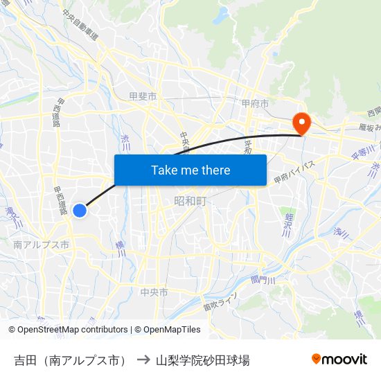 吉田（南アルプス市） to 山梨学院砂田球場 map