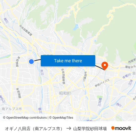 オギノ八田店（南アルプス市） to 山梨学院砂田球場 map