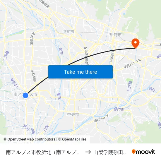 南アルプス市役所北（南アルプス市） to 山梨学院砂田球場 map