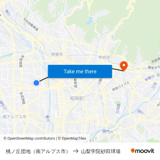 桃ノ丘団地（南アルプス市） to 山梨学院砂田球場 map