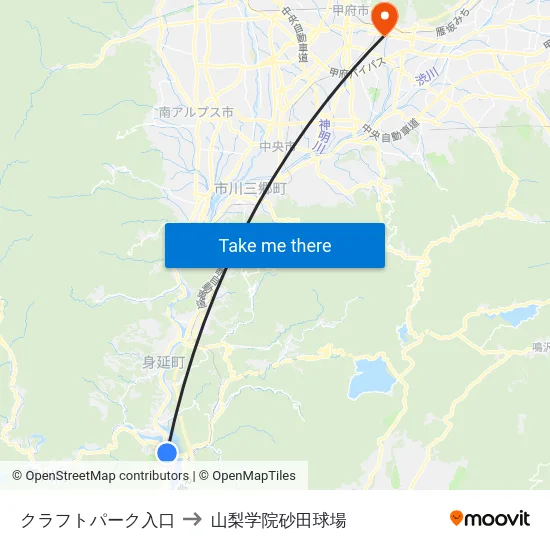 クラフトパーク入口 to 山梨学院砂田球場 map