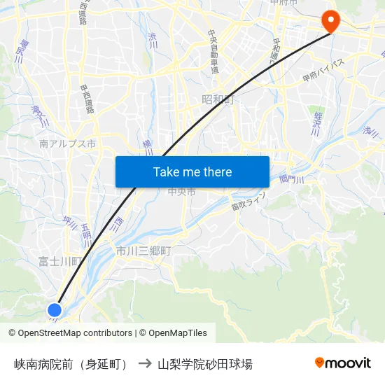 峡南病院前（身延町） to 山梨学院砂田球場 map