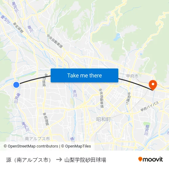 源（南アルプス市） to 山梨学院砂田球場 map