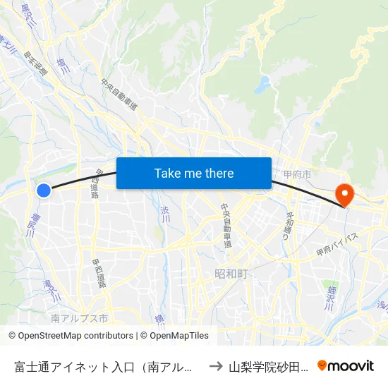 富士通アイネット入口（南アルプス市） to 山梨学院砂田球場 map