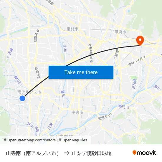 山寺南（南アルプス市） to 山梨学院砂田球場 map