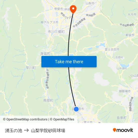 湧玉の池 to 山梨学院砂田球場 map