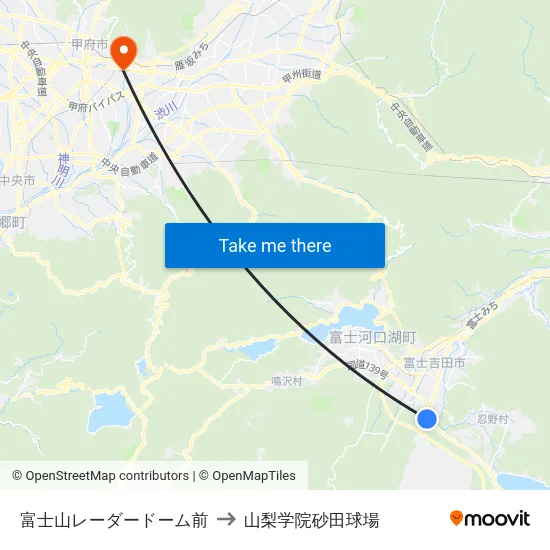 富士山レーダードーム前 to 山梨学院砂田球場 map