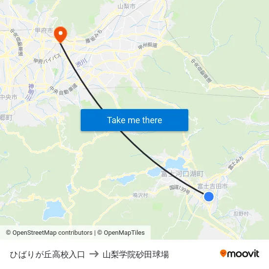 ひばりが丘高校入口 to 山梨学院砂田球場 map