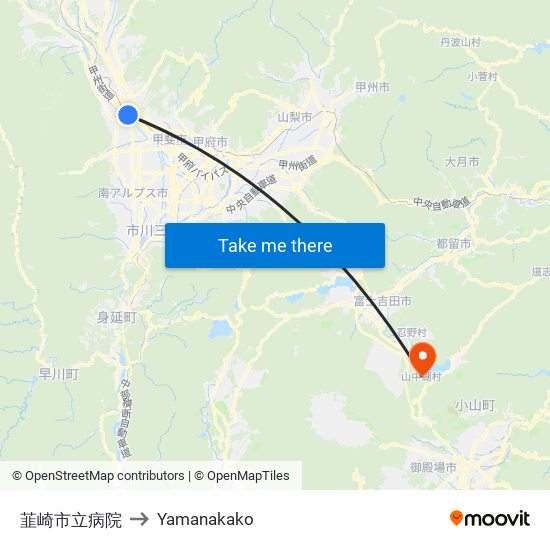 韮崎市立病院 to Yamanakako map