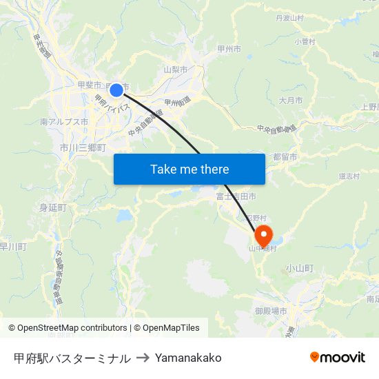 甲府駅バスターミナル to Yamanakako map