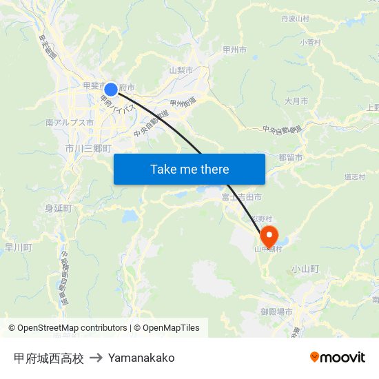 甲府城西高校 to Yamanakako map