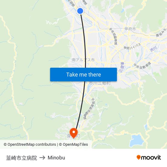 韮崎市立病院 to Minobu map