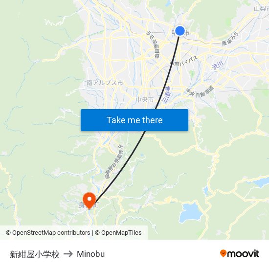 新紺屋小学校 to Minobu map