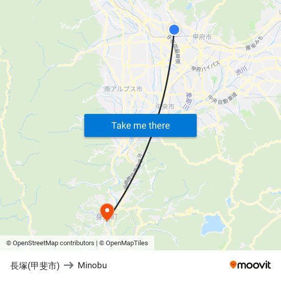 長塚(甲斐市) to Minobu map