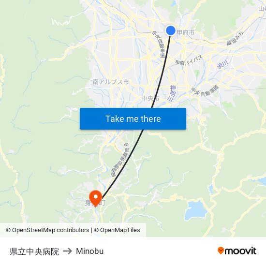 県立中央病院 to Minobu map