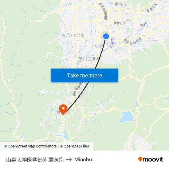 山梨大学医学部附属病院 to Minobu map