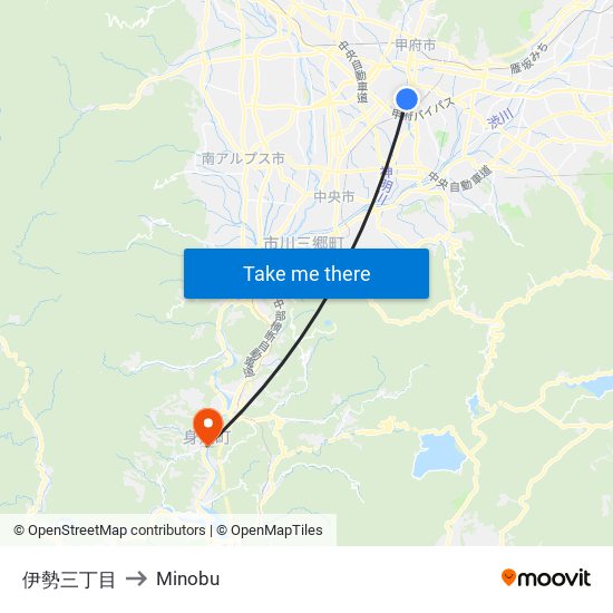 伊勢三丁目 to Minobu map