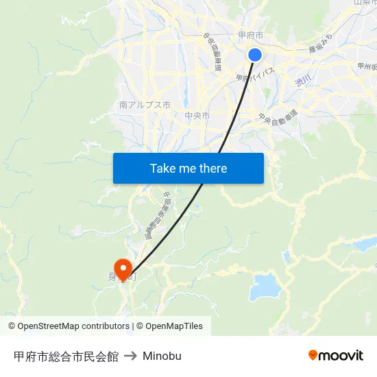 Kofu Civic Center to Minobu map