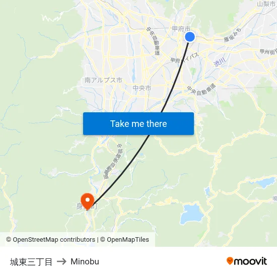 Joto 3-chome to Minobu map