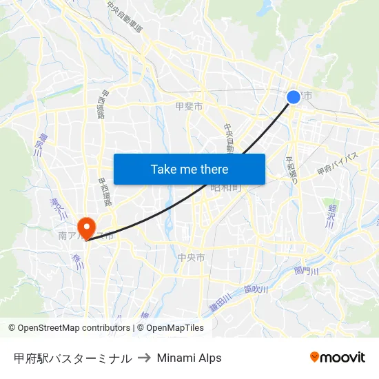 Kofu Station Bus Terminal to Minami Alps map
