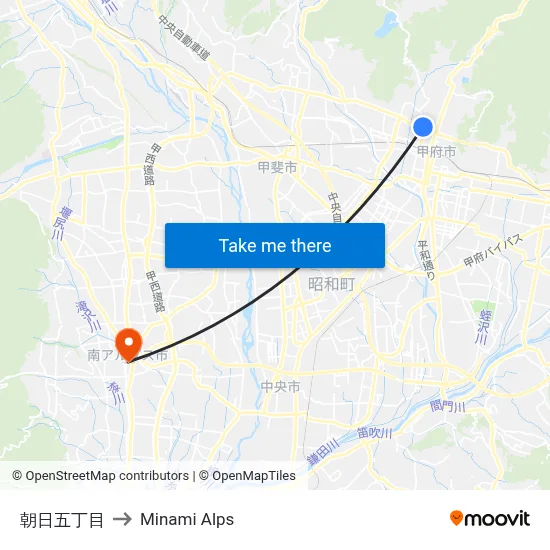 Asahi 5-chome to Minami Alps map