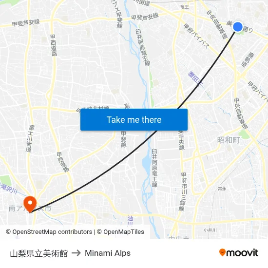Yamanashi Prefectural Art Museum to Minami Alps map