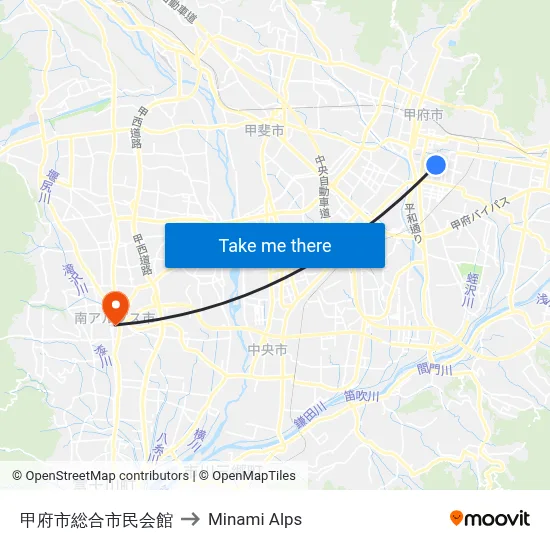 Kofu Civic Center to Minami Alps map