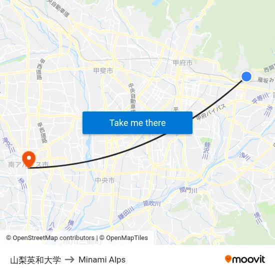 Yamanashi Eiwa University to Minami Alps map