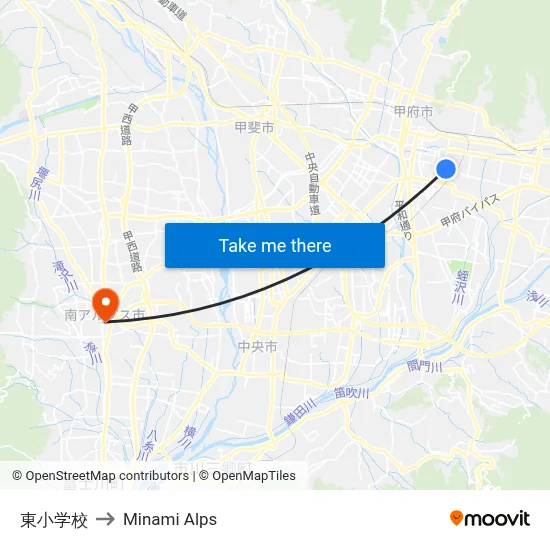 Higashi Elementary School to Minami Alps map