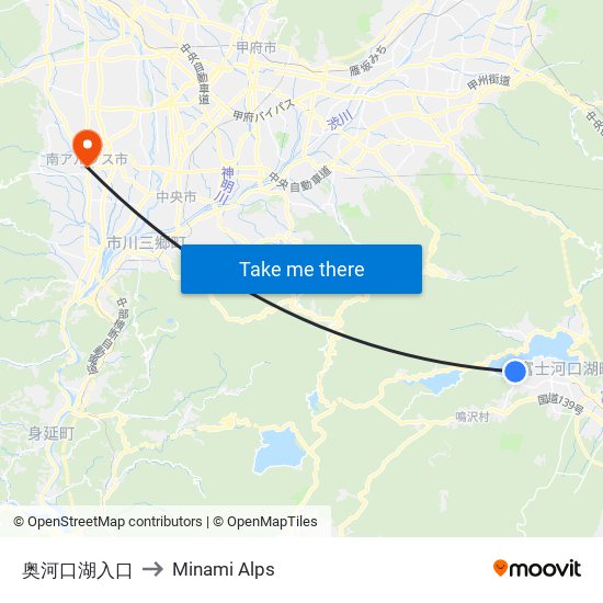 奥河口湖入口 to Minami Alps map