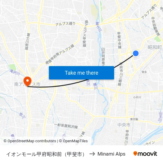 イオンモール甲府昭和前（甲斐市） to Minami Alps map