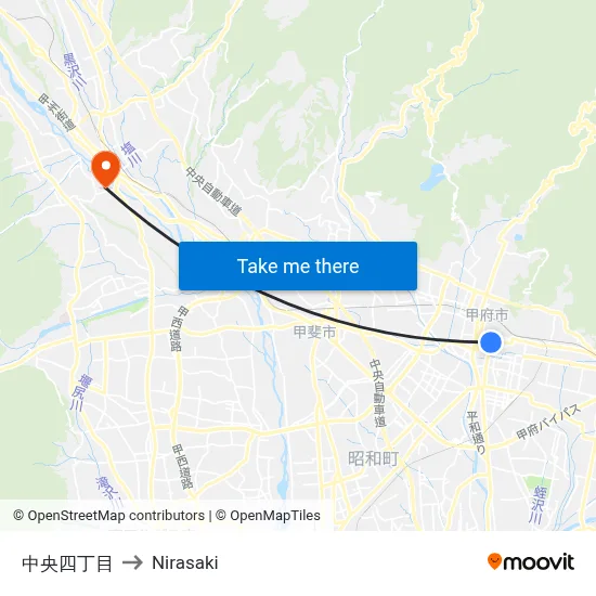 Chuo 4-Chome to Nirasaki map