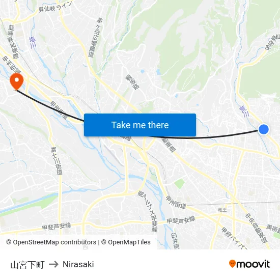 Yamamiya Shimomachi to Nirasaki map