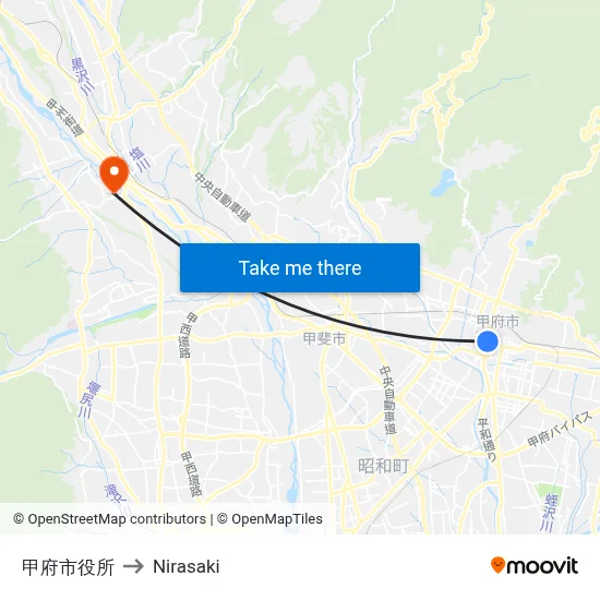 Kofu City Hall to Nirasaki map
