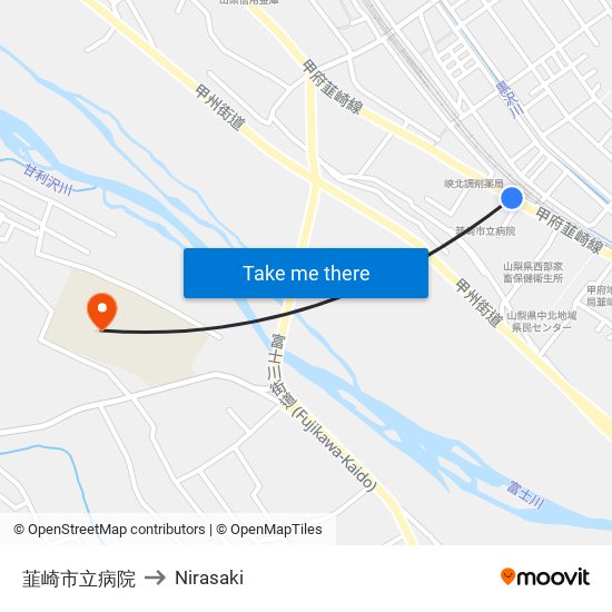 韮崎市立病院 to Nirasaki map