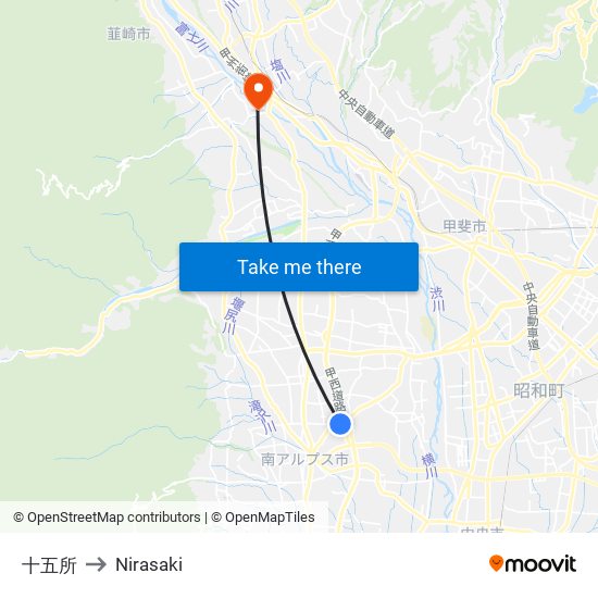 十五所 to Nirasaki map