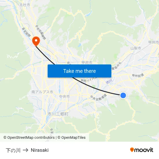 Shimonokawa to Nirasaki map
