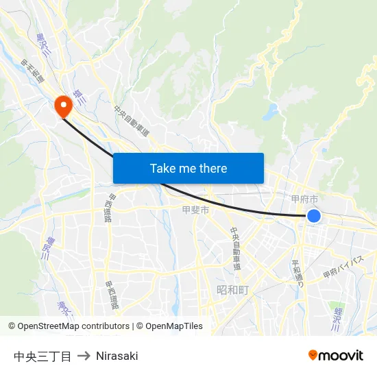 Central 3-Chome to Nirasaki map