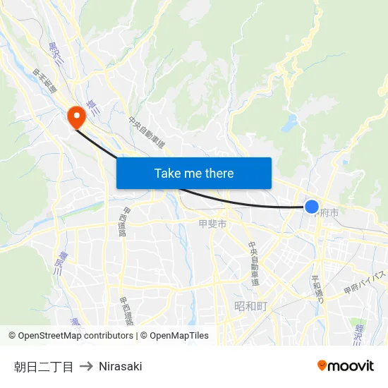 Asahi 2-Chome to Nirasaki map