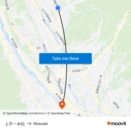 Kamite Ipponmatsu to Nirasaki map