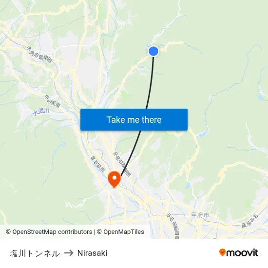 Shiokawa Tunnel to Nirasaki map