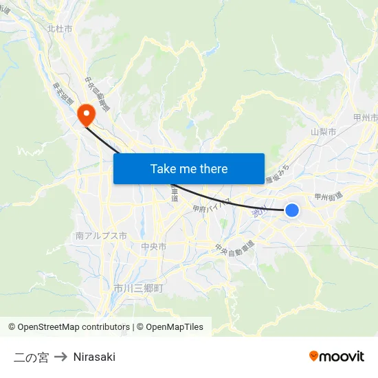 Ninomiya to Nirasaki map