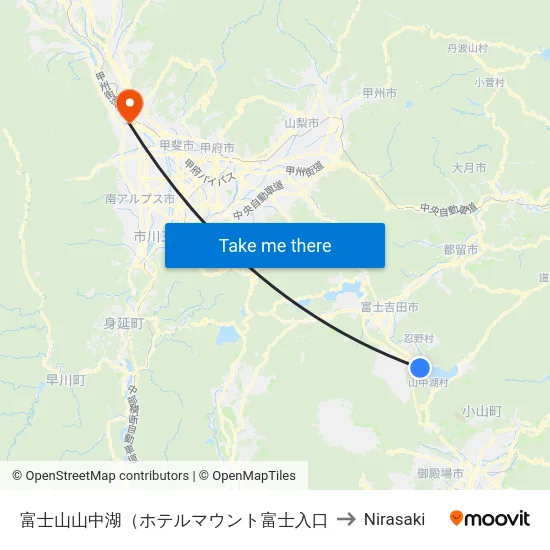 富士山山中湖（ホテルマウント富士入口 to Nirasaki map