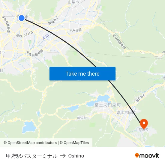 Kofu Station Bus Terminal to Oshino map