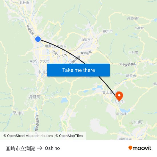 韮崎市立病院 to Oshino map