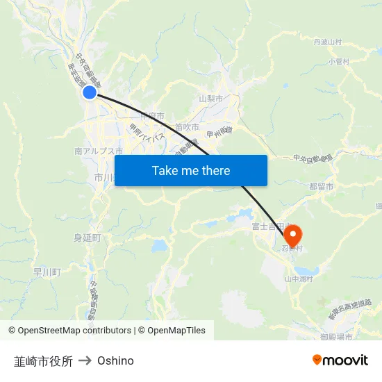 Nirasaki City Hall to Oshino map